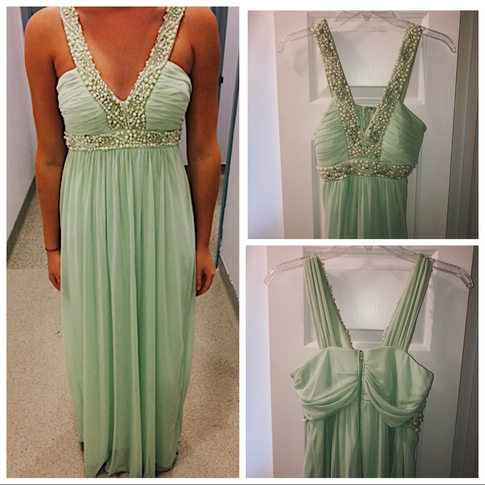 City Studio Seafoam Green Pearl-Beaded Prom Dress